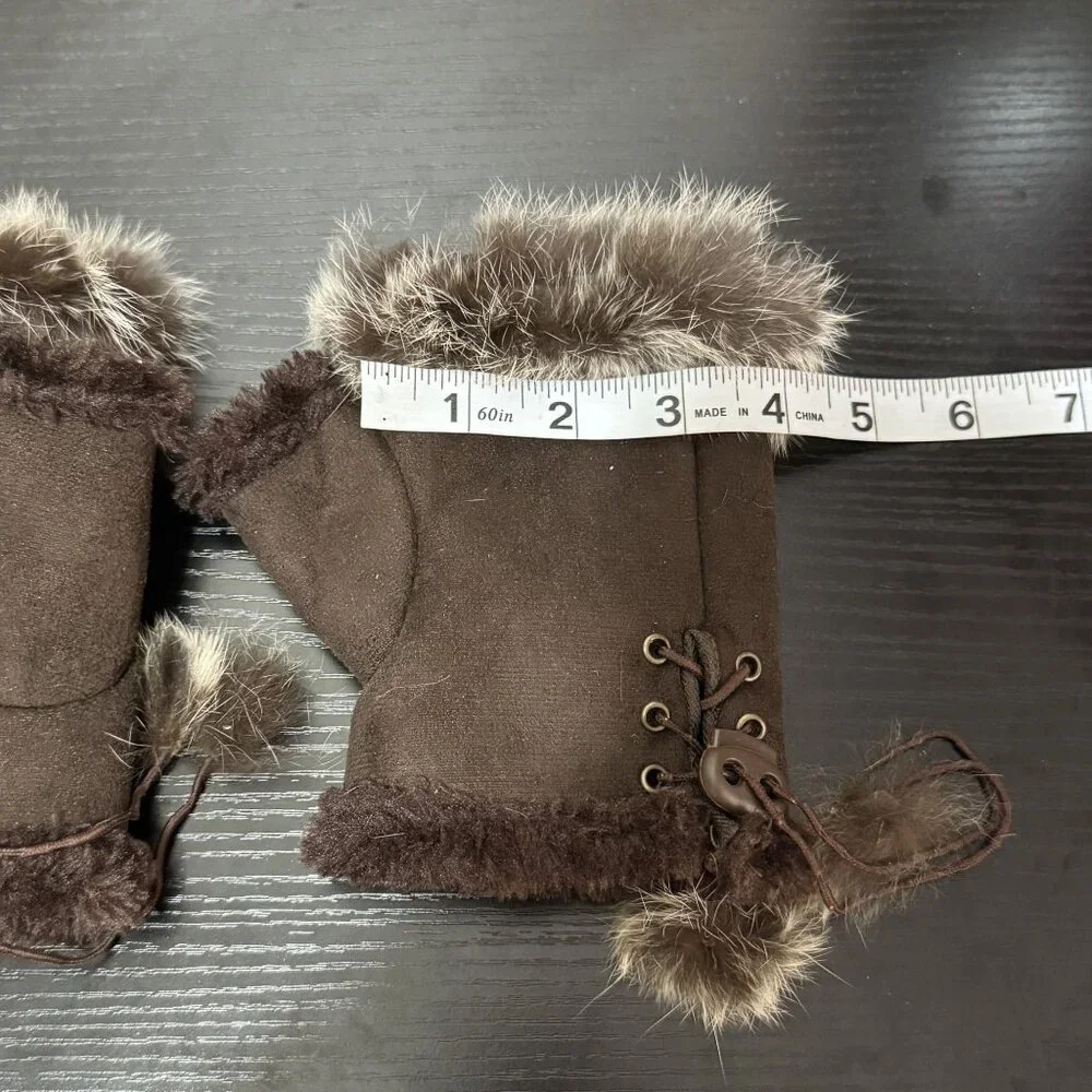 Vintage Brown Suede Fingerless Gloves Faux Fur Pom Pom Tie Womens Winter Mittens